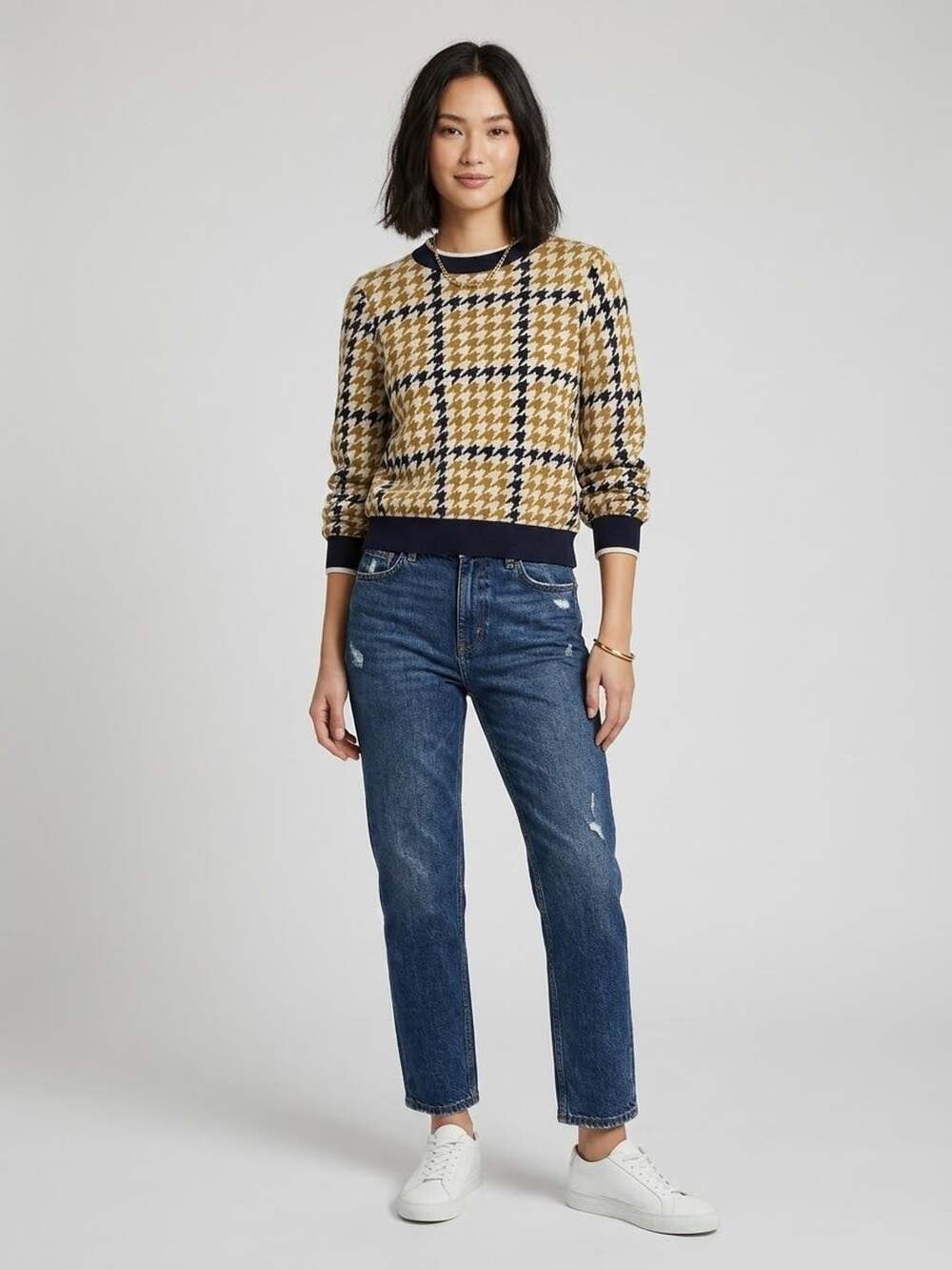 Who What Wear Houndstooth Crewneck Pullover Sweater Medium